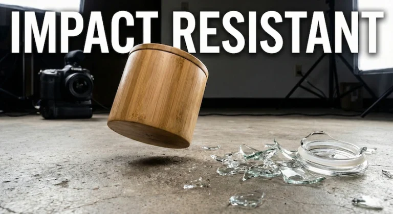 Visual comparison of a bamboo container surviving a drop test versus a glass container shattering, highlighting bamboo's impact resistance.