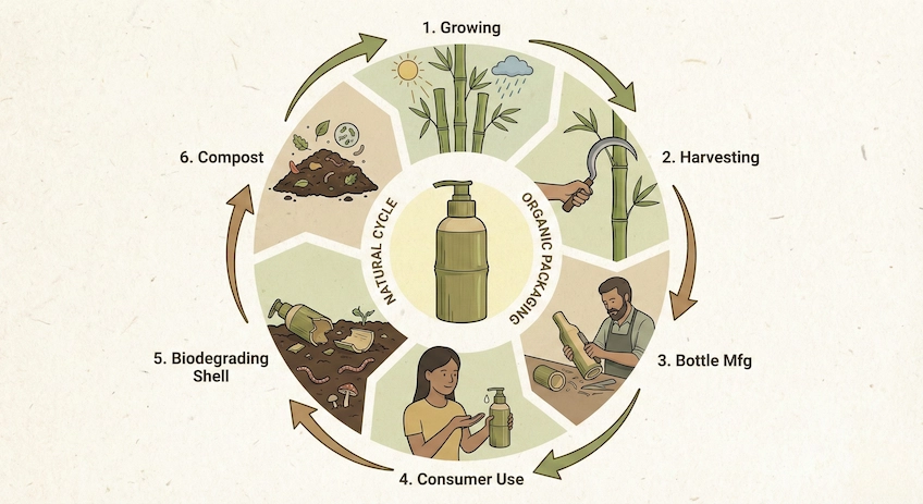 Circular economy diagram showing the biodegradable lifecycle of a bamboo lotion bottle