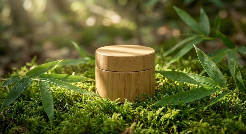 Premium bamboo cosmetic jar displayed in a natural moss setting, symbolizing the eco-friendly and sustainable nature of bamboo packaging.