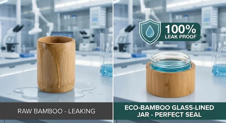 Comparison of raw leaking bamboo versus engineered leak-proof bamboo cosmetic packaging.