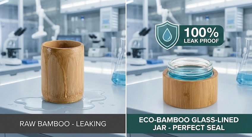 Comparison of raw leaking bamboo versus engineered leak-proof bamboo cosmetic packaging.