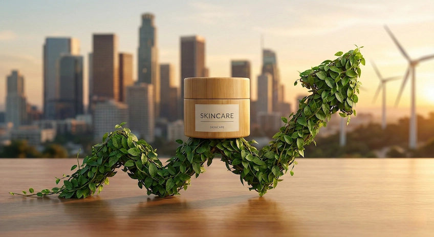 Bamboo skincare jar placed on a rising green graph, symbolizing the rapid market growth and driving forces of sustainable packaging.