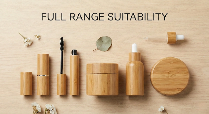 A complete collection of bamboo cosmetic packaging including lipstick, mascara, jars, and bottles, demonstrating suitability for various product types.