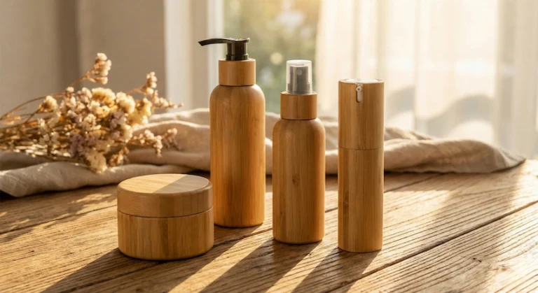 A complete set of bamboo cosmetic packaging including jars, pumps, and sprays, demonstrating the versatility of bamboo for various beauty products.