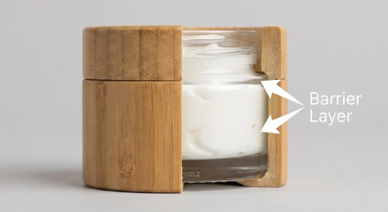Cross-section of a bamboo cream jar showing the inner glass liner that separates the cosmetic formula from the bamboo shell.