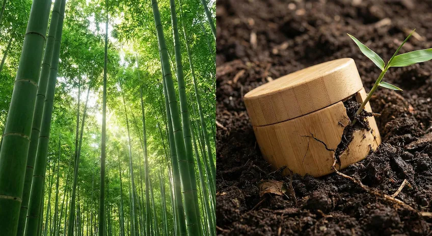 Split image showing a thriving bamboo forest and a bamboo cosmetic jar biodegrading into soil, illustrating the regenerative cycle of bamboo packaging.