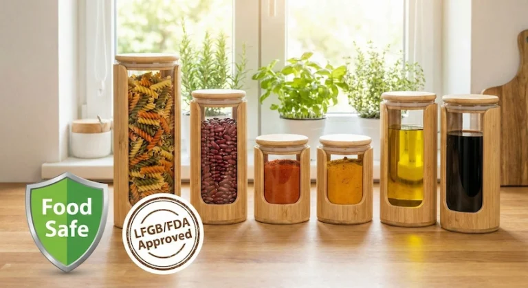 Bamboo-shell glass jars containing various foods, displayed with Food Safe and FDA/LFGB certification badges.