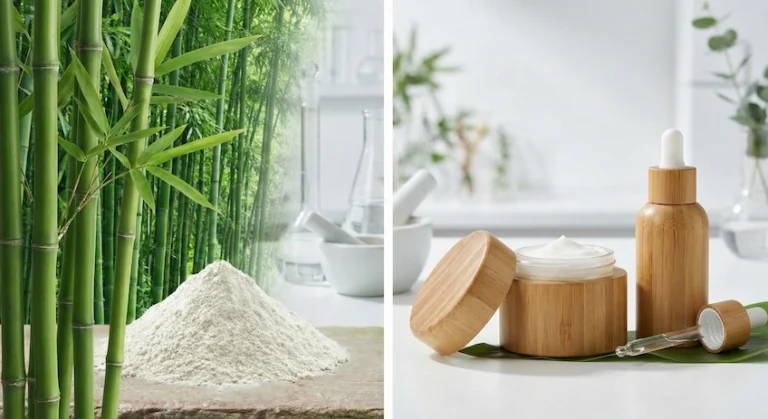 Conceptual image showing the connection between bamboo skincare ingredients and sustainable bamboo packaging.