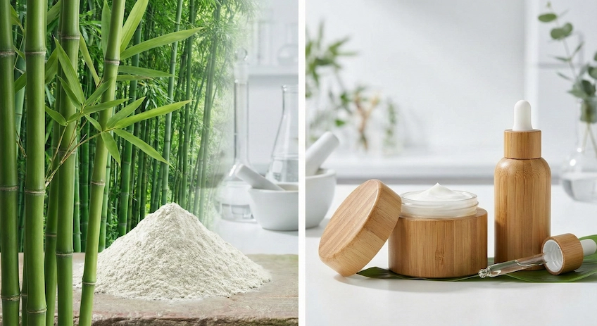 Conceptual image showing the connection between bamboo skincare ingredients and sustainable bamboo packaging.