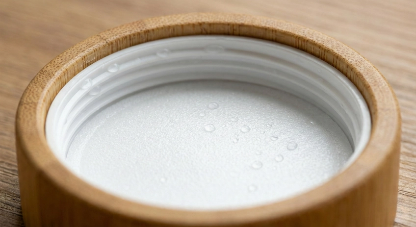 Close-up of a bamboo cream jar lid showing the inner plastic liner and screw thread that ensures an airtight seal for skincare products.