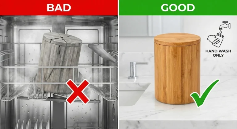 Comparison showing why bamboo cosmetic jars should not be put in the dishwasher to prevent cracking.