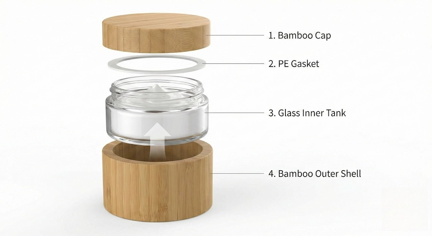 Exploded view of a bamboo cosmetic jar showing the glass inner tank and bamboo outer shell