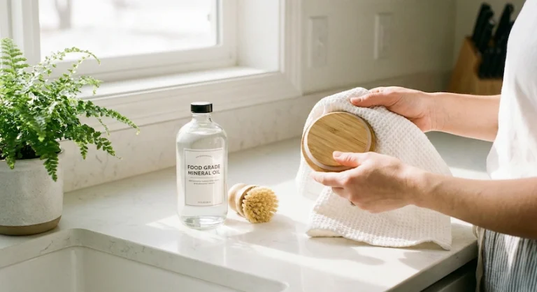 Hands gently drying a bamboo lid with a towel, demonstrating proper care to ensure longevity and prevent mold.