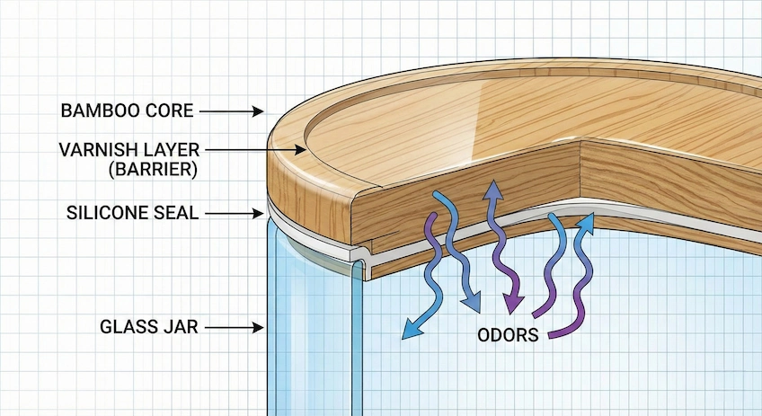 The Barrier: How Varnish Stops Odors bamboo lid odor absorption diagram