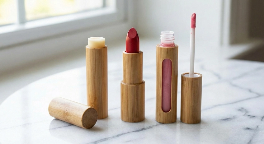 Collection of customized bamboo lip care packaging