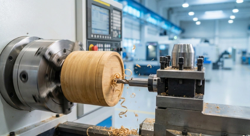 CNC machine precisely turning a bamboo block into a cosmetic jar lid, showcasing the blend of technology and natural materials in manufacturing.
