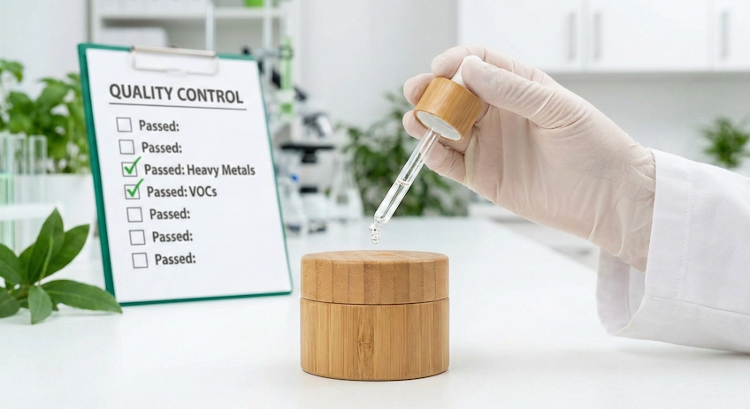 Bamboo cosmetic jar undergoing chemical safety testing in a lab, with a checklist showing it passed heavy metal and VOC tests.