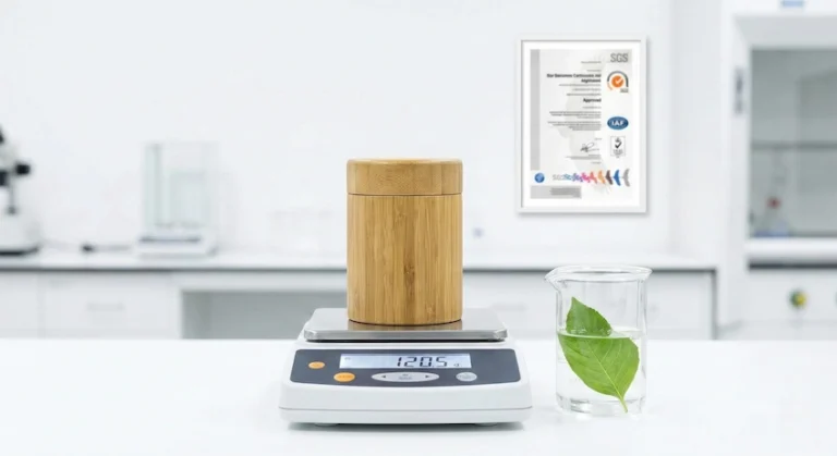 Bamboo cosmetic jar displayed in a lab setting with SGS certification documents, symbolizing chemical safety and non-toxic manufacturing.