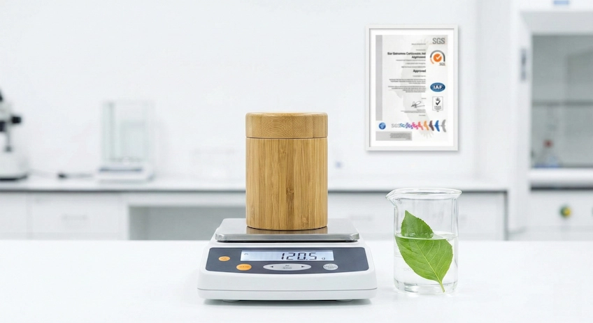 Bamboo cosmetic jar displayed in a lab setting with SGS certification documents, symbolizing chemical safety and non-toxic manufacturing.