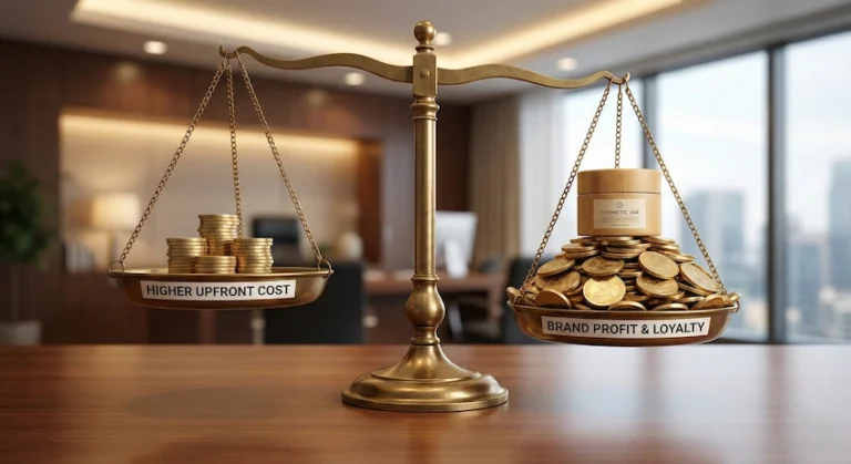 Balance scale illustration comparing the upfront cost of bamboo packaging with the long-term profitability and brand value it generates.