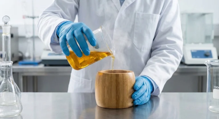 A formulator hot-filling a bamboo cosmetic jar in a lab, demonstrating heat stability.