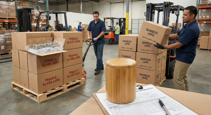 Bamboo cosmetic packaging displayed in a logistics warehouse setting, symbolizing durability and safety during shipping compared to fragile glass.