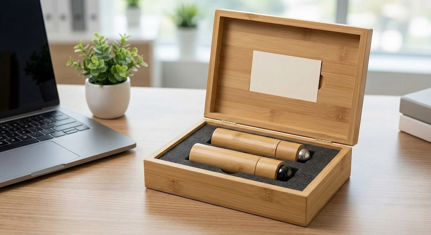 A branded sample kit box containing both stainless steel and gemstone bamboo roller bottles for viscosity testing, labeled for formulators