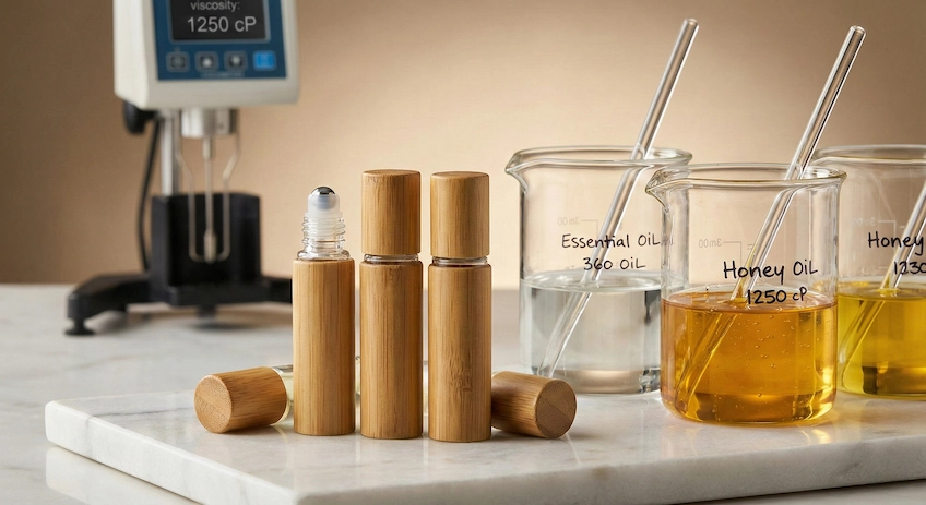 A professional formulation lab setup showing three bamboo roller bottles next to beakers containing essential oils of different viscosities (thin vs. thick).