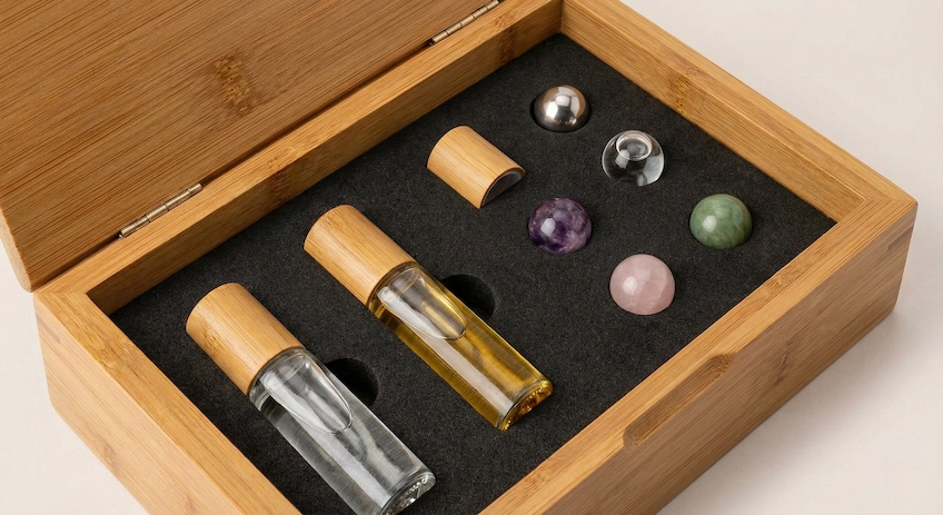 A top-down view of an open Formulator's Sample Kit box with labeled bottles and roller heads