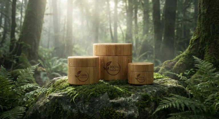 Collection of premium bamboo skincare jars displayed in a natural forest setting, symbolizing sustainability and luxury.