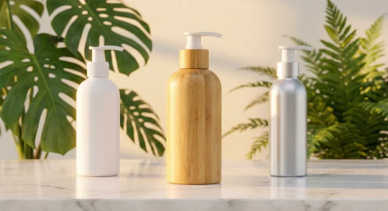 Comparison of bamboo lotion bottles vs plastic and metal packaging for skincare brands.