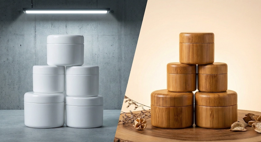 Split screen comparison of generic plastic jars versus premium bamboo cosmetic packaging.