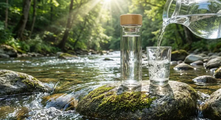Premium glass water bottle with a bamboo screw cap, demonstrating pure water taste and eco-friendly design.