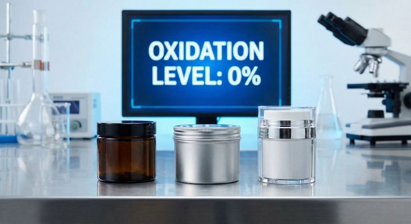 Comparison of Amber Glass, Aluminum, and Airless cosmetic jars for optimal skincare preservation in a lab setting.
