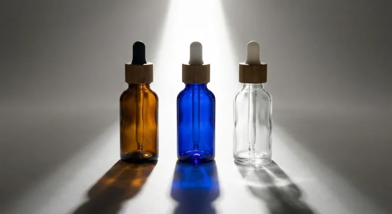 Visual comparison of light transmission through Amber, Cobalt Blue, and Clear glass bottles to demonstrate UV protection levels.