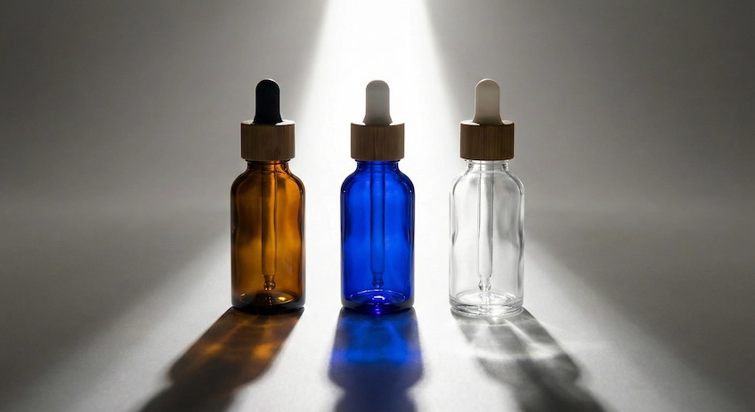 Visual comparison of light transmission through Amber, Cobalt Blue, and Clear glass bottles to demonstrate UV protection levels.