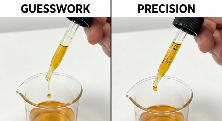 Visual comparison of a standard unmeasured dropper versus a calibrated dropper with graduation marks for precise dosing.