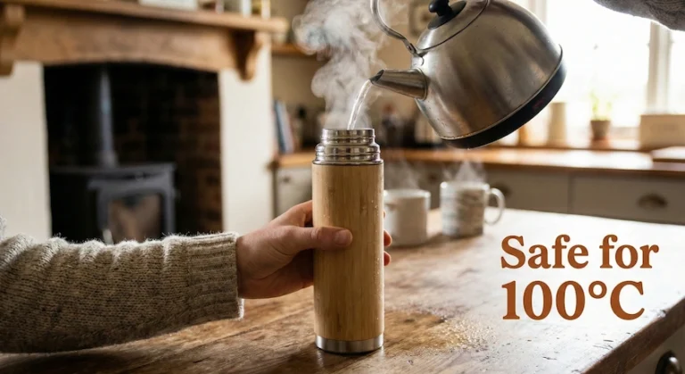 Pouring boiling water into a bamboo-clad stainless steel bottle to demonstrate heat safety.