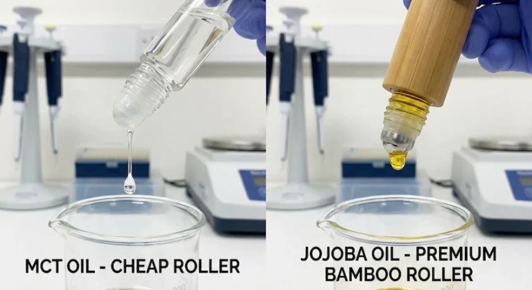 Comparison of leaking cheap roller bottle vs leak-proof bamboo roller bottle with Jojoba oil.