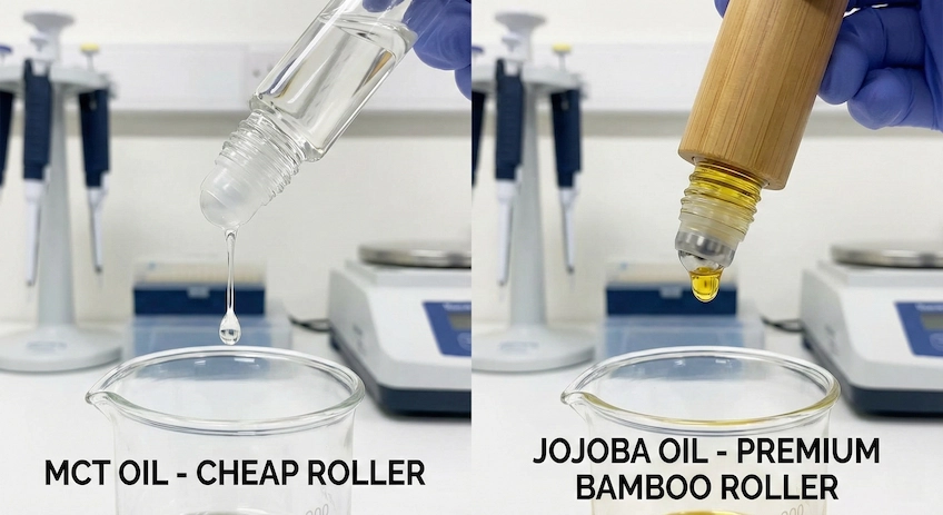 Comparison of leaking cheap roller bottle vs leak-proof bamboo roller bottle with Jojoba oil.