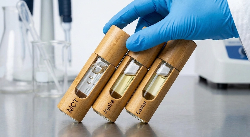 Viscosity comparison test of carrier oils in bamboo roller bottles