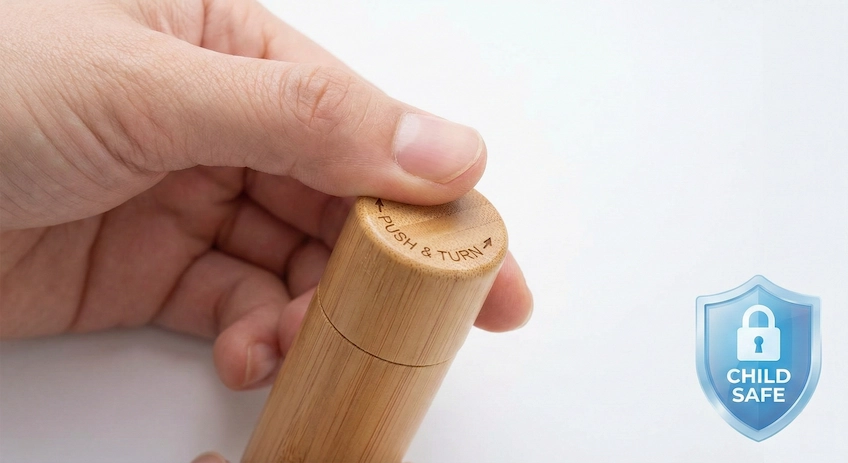 Bamboo lip balm tube with child-resistant push-and-turn cap mechanism for safety compliance.