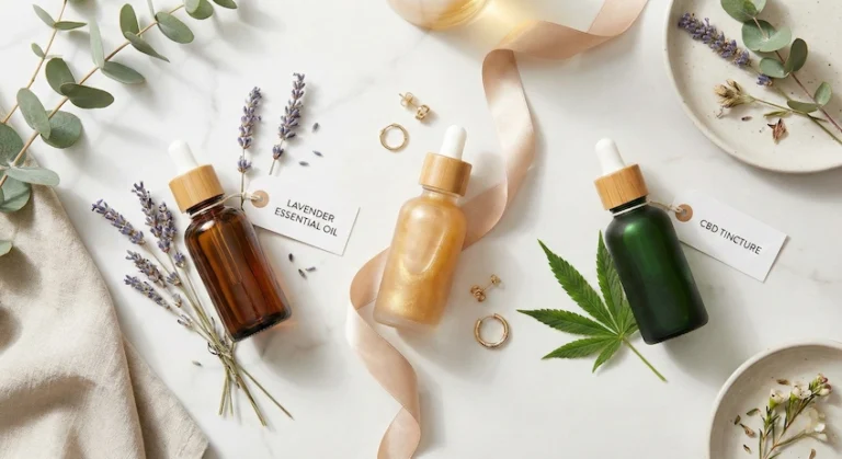 Three types of glass dropper bottles showcasing their best uses: Essential Oils, Facial Serums, and CBD Tinctures.