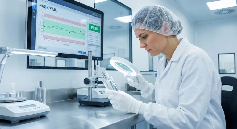 Quality control inspector examining a glass lotion bottle for manufacturing defects like cracks or bubbles.