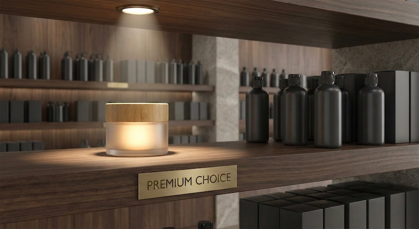 Premium bamboo cosmetic jar on a retail shelf, illustrating the impact of packaging design on consumer purchasing decisions.