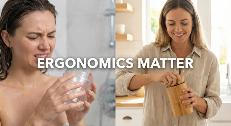 Comparison of opening a slippery plastic jar versus an ergonomic bamboo cosmetic jar.