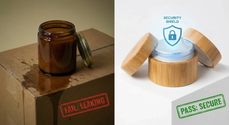 Comparison of a leaking cosmetic jar versus a perfectly sealed bamboo jar with induction liner.