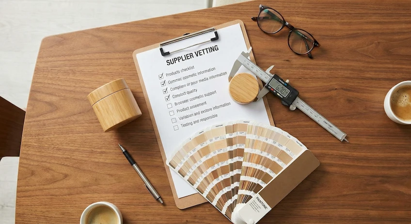A checklist for vetting cosmetic jar suppliers alongside packaging samples and quality control tools.