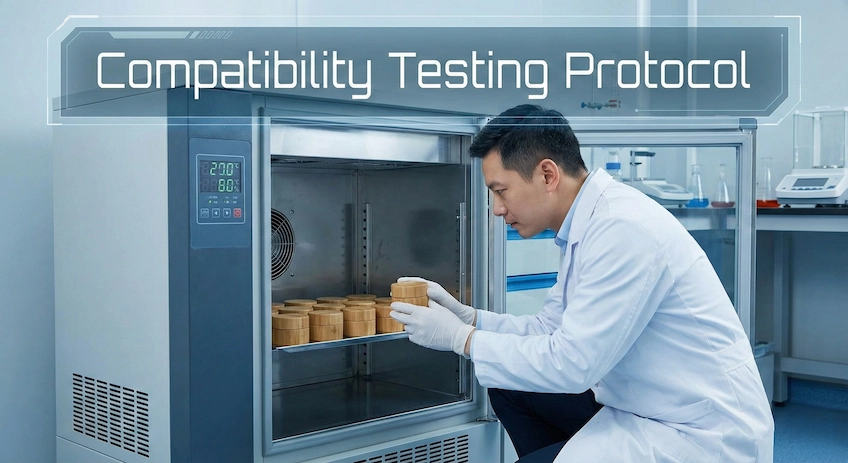 A lab scientist performing compatibility testing on bamboo cosmetic jars in a stability chamber.
