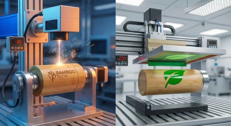 Manufacturing comparison showing laser engraving and silk screen printing processes on bamboo cosmetic packaging.